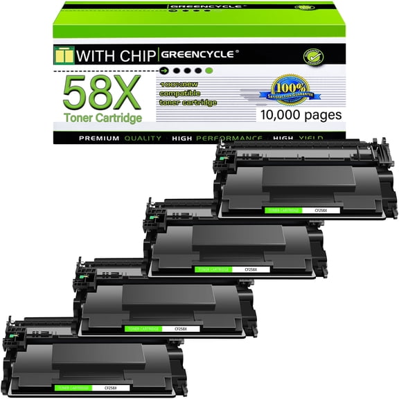 GREENCYCLE 4 Pack Compatible for 58X CF258X [WITH CHIP] Black Toner Cartridge Replacement with Laser Jet MFP M428fdw M428dw M428fdn Pro M404n M404dn M404dw M428 M406 Printer