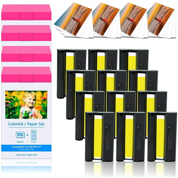 GREENCYCLE 4 Set Compatible for Canon KP-108IN Ink/Paper SELPHY CP1300 CP1200 CP910 Wireless Compact Photo Printer, 108 Sheets 4 x 6 Paper Glossy and 3 Color Ink Cassette (Produces up to 108 Sheets)
