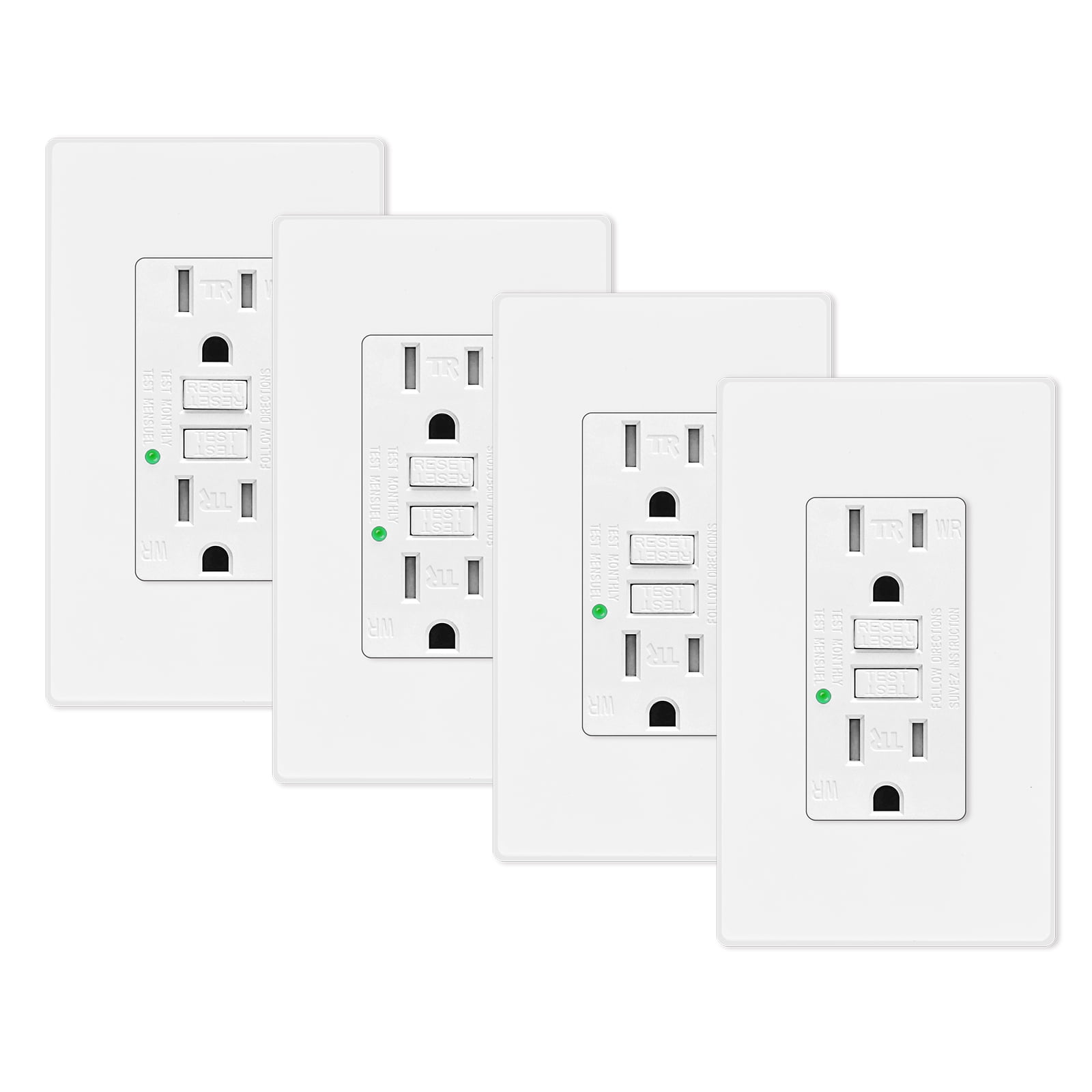 GREENCYCLE 4PK 15A / 125V Tamper Resistant Weather Resistant GFCI Outlets with LED Indicator Decorative Wall Plates Screws Included Residential and Commercial Grade ETL Certified White