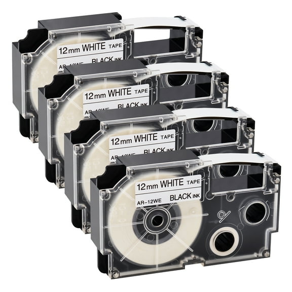 GREENCYCLE 4PK Black on White Label Tape Compatible for Casio XR12WE XR-12WE (12mm 1/2''x 8m 26ft) EZ Label Printer