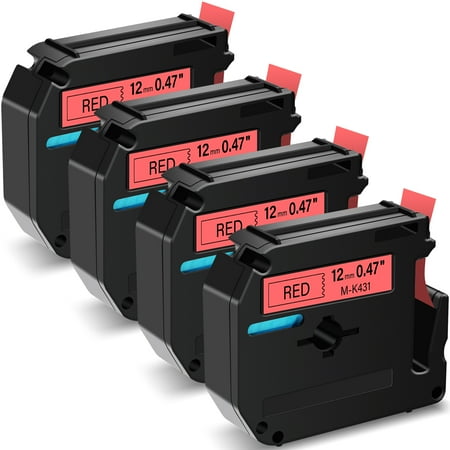 GREENCYCLE 4PK Compatible for Brother P-touch M Tape MK431 M-K431 M431 12mm 0.47" Black on Red for Brother PT-100 PT-M95 PT-90 PT-70 PT-65 PT-85 Label Maker Refills
