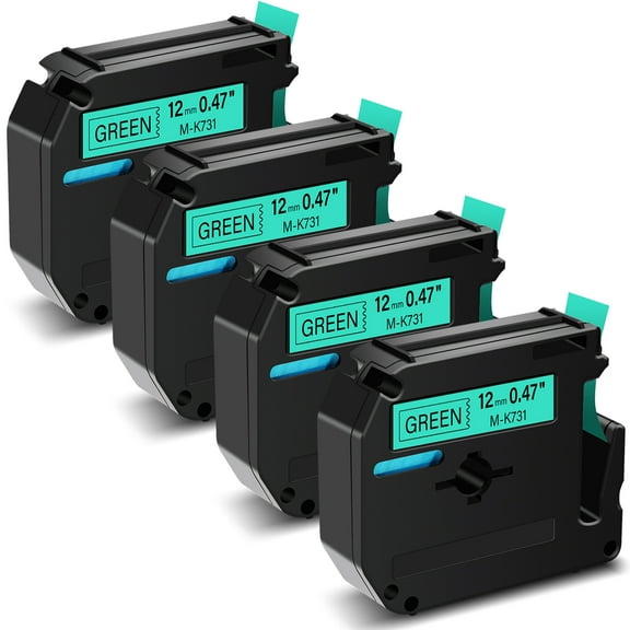 GREENCYCLE 4PK Compatible for Brother P-touch M Tape MK731 M-K731 M731 12mm 0.47" Black on Green for Brother PT-100 PT-M95 PT-90 PT-70 PT-65 PT-85 Label Maker Refills