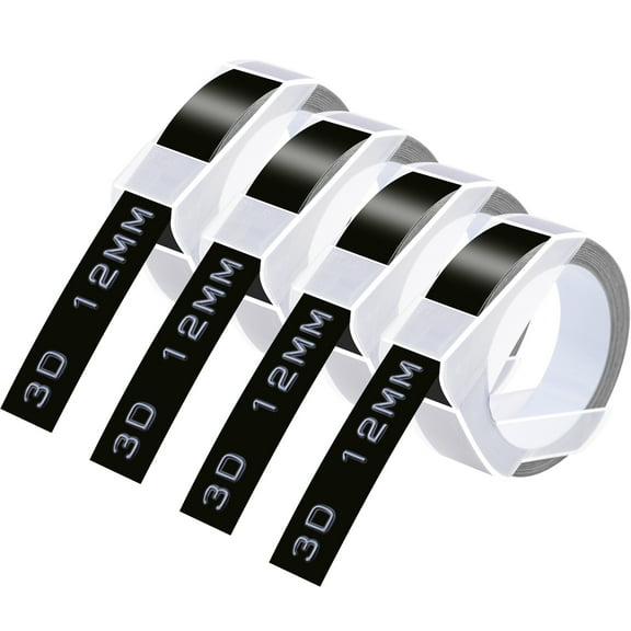 GREENCYCLE 4PK Compatible for Dymo 3D Plastic Embossing Labels 521209 White on Black Label Tape 12mm 1/2'' x 3m 9.8' Use in Organizer Xpress, Office Matte II, Magazine Maker, Motex Label Maker
