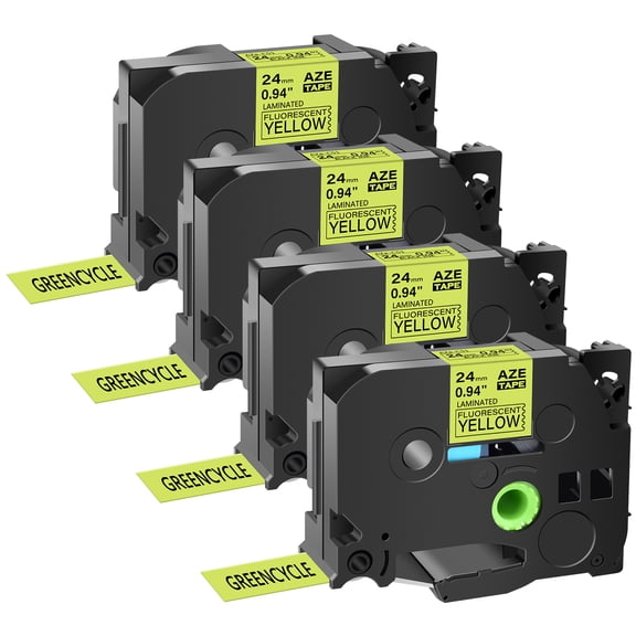 GREENCYCLE 4PK Compatible for Brother P-touch TZe-C51 TZ-C51 24mm 1'' Black on Fluorescent Yellow Laminated Label Tapes