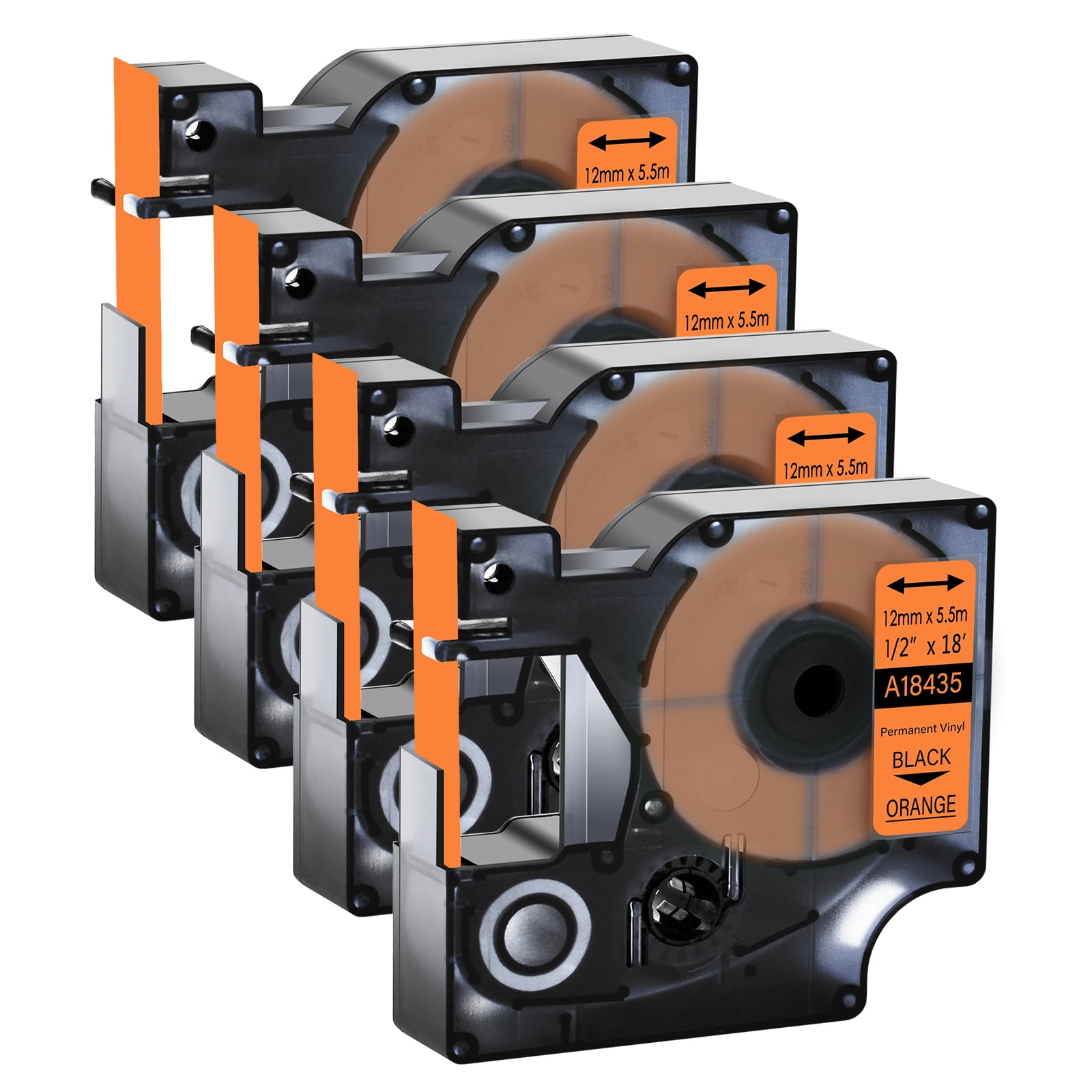 GREENCYCLE 4PK Compatible for DYMO 18435 12mm 5.5m Black on Orange ...
