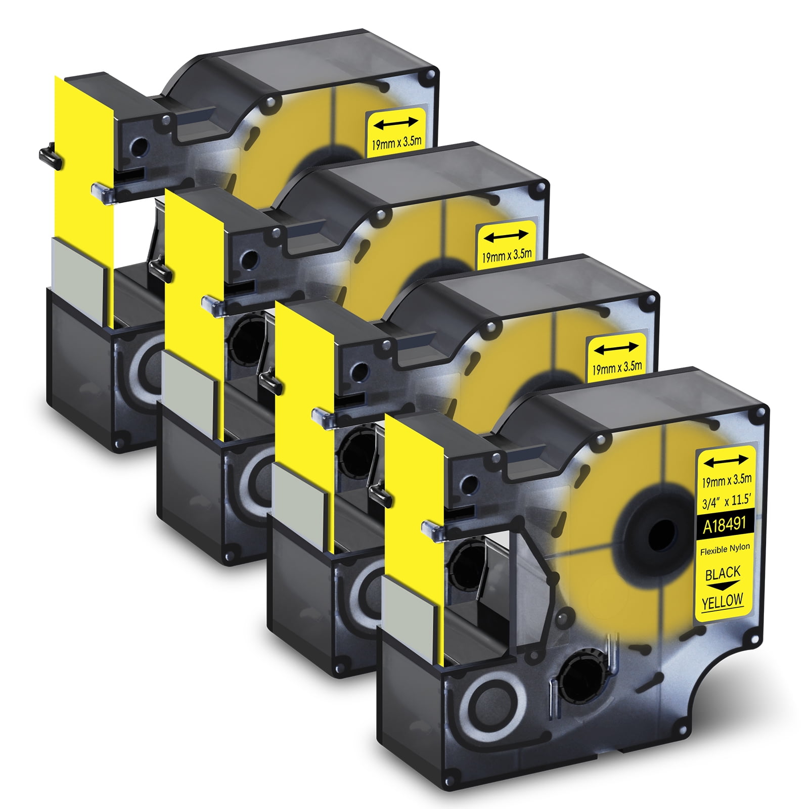 GREENCYCLE 4PK Compatible for DYMO 18491 19mm 3/4" Black on Yellow Industrial Flexible Nylon Label Maker Tape