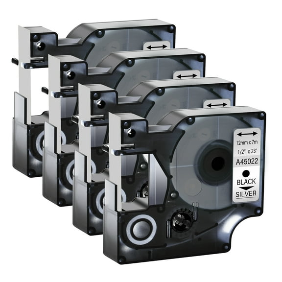 GREENCYCLE 4PK Compatible for DYMO D1 Label Tape 45022 12mm 7m Black on Silver for LabelManager LabelPoint LabelWriter Label Maker