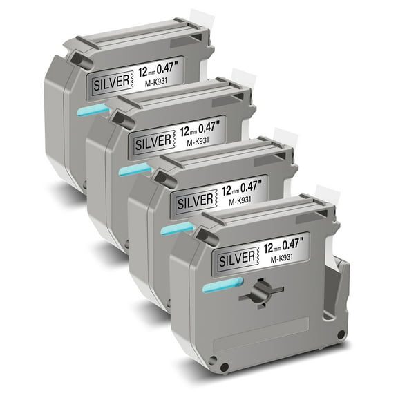 GREENCYCLE 4PK Compatible for Ptouch MK931 M-K931 M931 M-K931S 0.47" 12mm Black on Silver Label Maker Tape