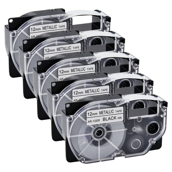 GREENCYCLE 5 Pack Compatible for Casio XR-12SR XR12SR Black on Metallic Label Tape for KL-120 KL-60 KL-100 KL750 KL780 KL2000 KL7000 KL7200 KLP1000 EZ Label Printer 12mm 1/2 Inch x 8m 26.2Feet