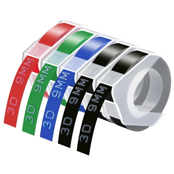 GREENCYCLE 5 Pack Compatible for DYMO 3D Embossing Xpress Pro MoTEX Label Maker, 3D 9mm Plastic Labels 3/8'' x 9.8ft White on Red/Green/Blue/Black Embossing Color Label Tape