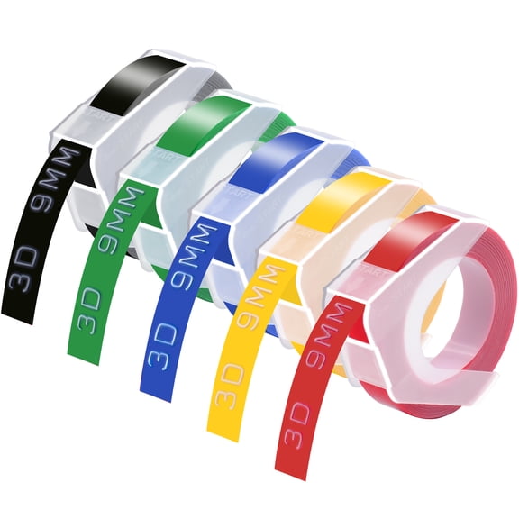 GREENCYCLE 5 Pack Compatible for DYMO 3D Embossing Xpress Pro MoTEX Label Maker, 3D 9mm Plastic Labels 3/8'' x 9.8ft White on Red/Green/Blue/Yellow/Black Embossing Color Label Tape