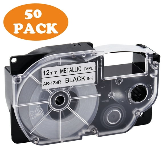 GREENCYCLE 50 Pack Compatible for Casio XR-12SR XR12SR Black on Metallic Label Tape for KL-120 KL-60 KL-100 KL750 KL780 KL2000 KL7000 KL7200 KLP1000 EZ Label Printer 12mm 1/2 Inch x 8m 26.2Feet