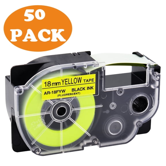 GREENCYCLE 50 Pack Compatible for Casio XR-18FYW XR18FYW Black on Fluorescent Yellow Label Tape for KL-120 KL-430 KL-750 KL-780 KL-820 KL-P1000 KL-2000 KL-7000 Label Maker 18mm 3/4'' x 5.5m 18 Feet
