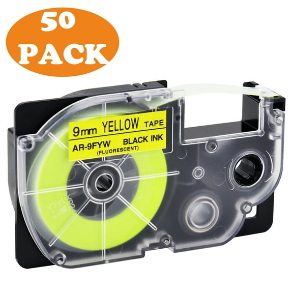 GREENCYCLE 50 Pack Compatible for Casio XR-9FYW XR9FYW Black on Fluorescent Yellow Label Tape for KL-120 KL-60 KL-100 KL750 KL780 KL2000 KL7000 KL7200 KLP1000 Label Maker 9mm 3/8'' x 5.5m 18 Feet