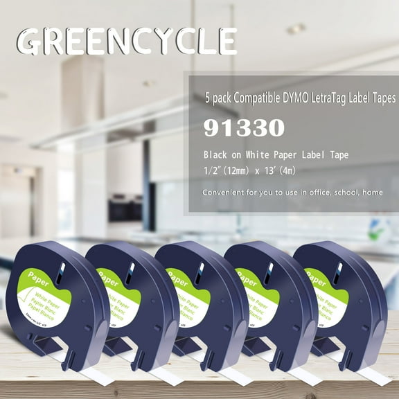 GREENCYCLE 5PK 12mm 4m Black on White Paper Label Tape Compatible for Dymo 91330 91220 91200 59421 S0721510 LetraTag Printer