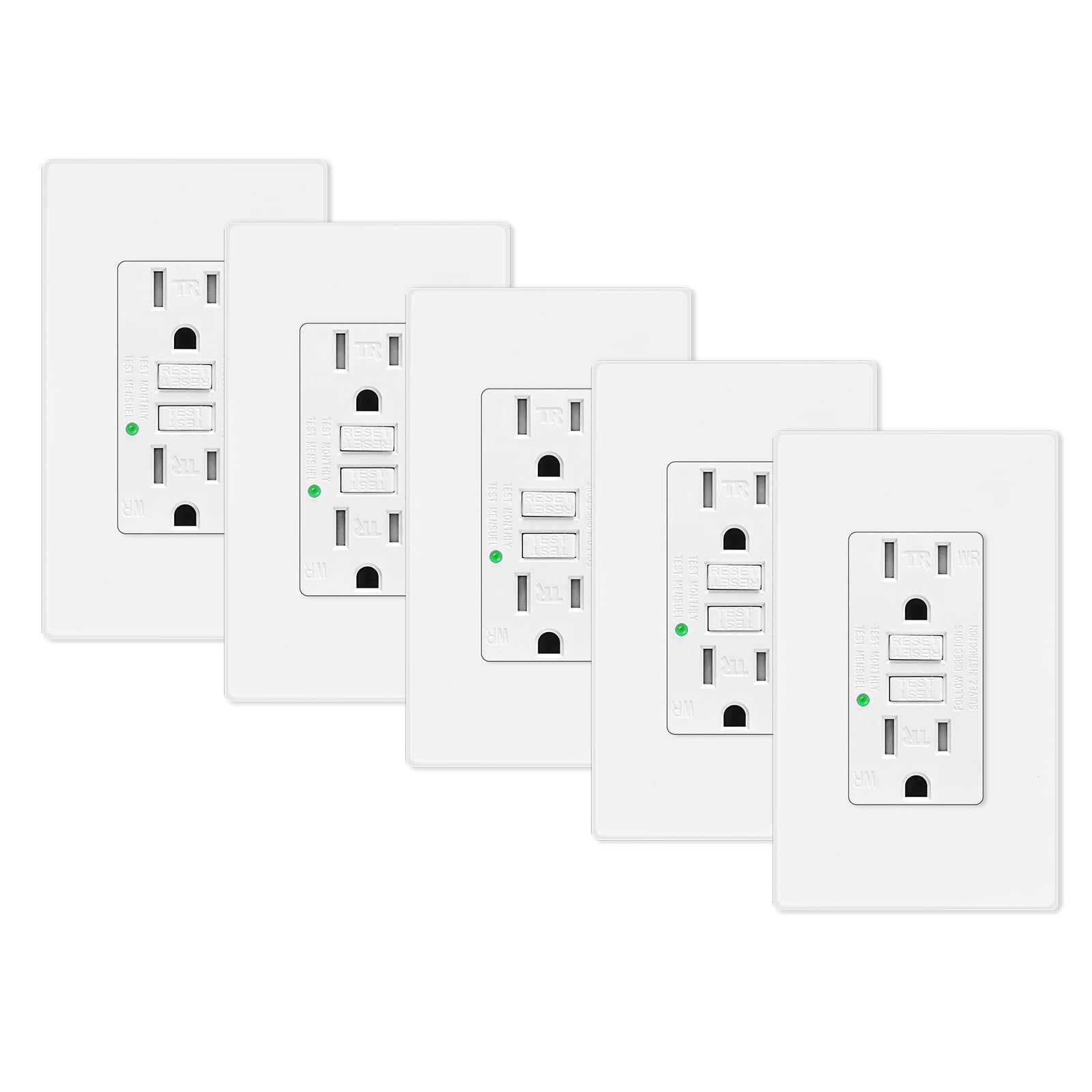 GREENCYCLE 5PK 15A / 125V Tamper Resistant Weather Resistant GFCI Outlets with LED Indicator Decorative Wall Plates Screws Included Residential and Commercial Grade ETL Certified White