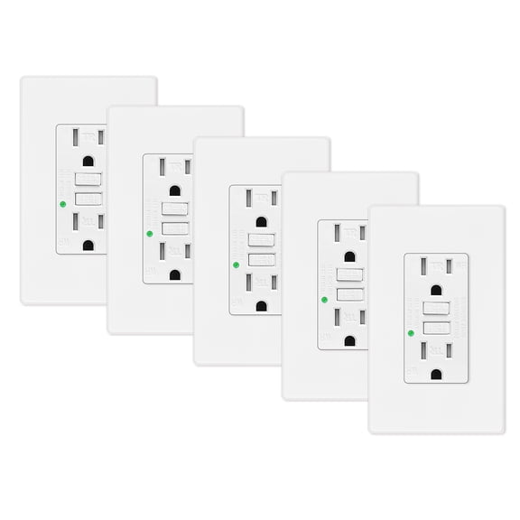 GREENCYCLE 5PK 15A / 125V Tamper Resistant Weather Resistant GFCI Outlets with LED Indicator Decorative Wall Plates Screws Included Residential and Commercial Grade ETL Certified White