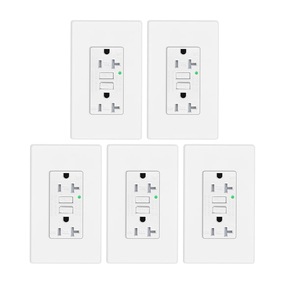 GREENCYCLE 5PK 20A / 125V Self-Testing Tamper Resistant Weather Resistant GFCI Outlet with LED Indicator Decorative Wall Plates Screws Included Residential and Commercial Grade ETL Certified White