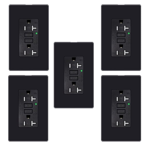 GREENCYCLE 5PK 20A / 125V Tamper Resistant Weather Resistant GFCI Outlets with LED Indicator Decorative Wall Plates Screws Included Residential and Commercial Grade ETL Certified black