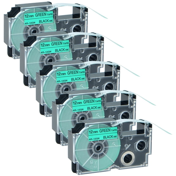 GREENCYCLE 5PK Black on Green Label Tape Compatible for Casio XR12GN XR-12GN (12mm 1/2''x 8m 26ft) EZ Label Printer