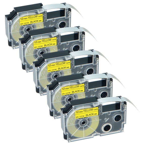 GREENCYCLE 5PK Black on Yellow Label Tape Compatible for Casio XR12YW XR-12YW (12mm 1/2''x 8m 26ft) EZ Label Printer