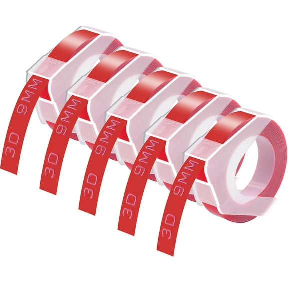 GREENCYCLE 5PK Compatible for Dymo 3D Plastic Embossing Labels 520102 White on Red Label Tape 9mm 3/8'' x 3m 9.8' Use in Organizer Xpress Pro 12966, Office Mate II 1540, Motex E101 Label Maker