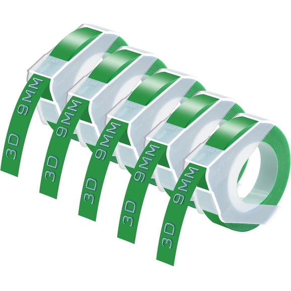 GREENCYCLE 5PK Compatible for Dymo 3D Plastic Embossing Labels 520103 White on Green Label Tape 9mm 3/8'' x 3m 9.8' Use in Organizer Xpress Pro 12966, Office Mate II 1540, Motex E101 Label Maker