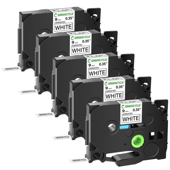 GREENCYCLE 5PK Compatible for Brother P-touch Black on White 3/8" 9mm TZe-221 TZ-221 TZe221 Laminated Label Tape