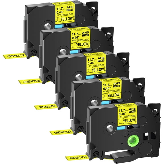 GREENCYCLE 5PK Compatible for Brother P-touch HSE-631 HS-631 HSe631 HS631 11.7mm 0.46" Black on Yellow Heat-shrink Label Tape