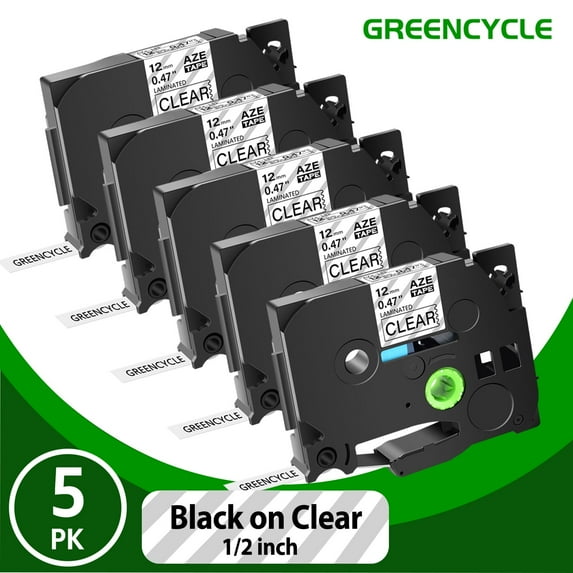 GREENCYCLE 5PK Compatible for Brother P-touch TZe-131 TZe131 TZ-131 TZ131 0.47'' 12mm Black on Clear Label Maker Tape