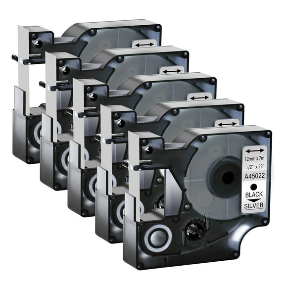 GREENCYCLE 5PK Compatible for DYMO D1 Label Tape 45022 12mm 7m Black on Silver for LabelManager LabelPoint LabelWriter Label Maker