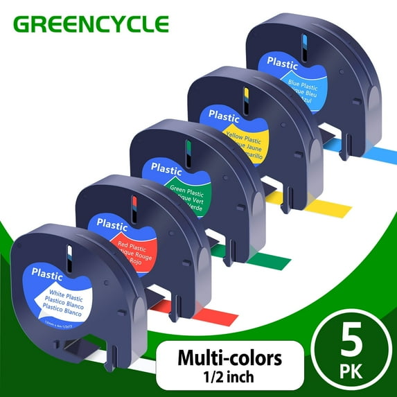GREENCYCLE 5PK Compatible for DYMO LetraTag Refills 91331 91332 91333 91334 91335 1/2" 12mm Plastic Label Maker Tape