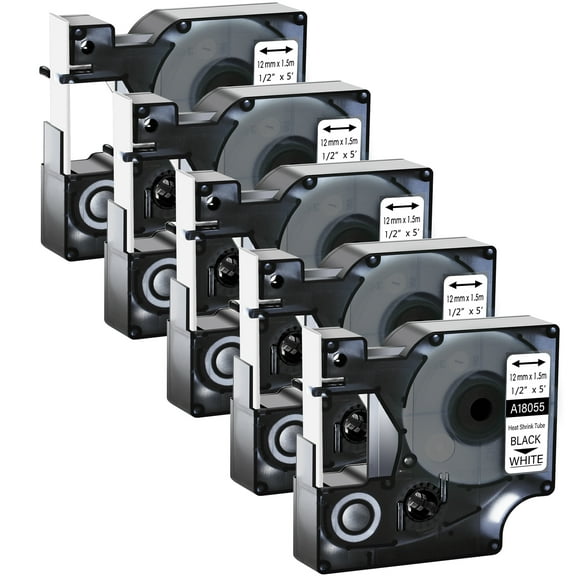 GREENCYCLE 5PK Industrial Rhino Heat Shrink Tubes Compatible for Dymo 18055 Black on White Cable Label Tape (12mmx1.5m,1/2''x5ft) Use in DYMO Rhino Pro 1000 3000 4200 5000 5200 6000 Label Maker