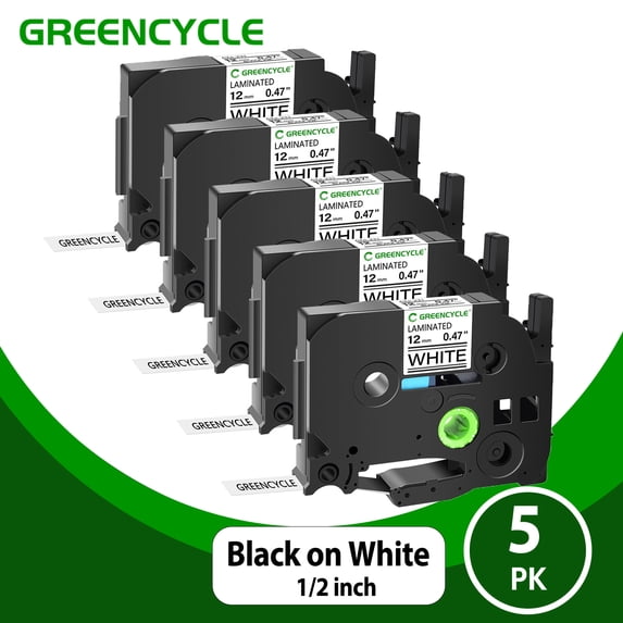 GREENCYCLE 5PK TZ-231 Compatible for Brother P-touch TZe-231 TZe231 TZ231 0.47'' 12mm Black on White Laminated Label Maker Tape