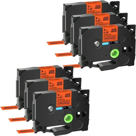 GREENCYCLE 6 Pack Compatible for Brother TZ TZe TZe-B21 TZB21 TZ-B21 TZeB21 Label Tape 9mm 0.35'' Black on Fluorescent Orange Laminated use in Ptouch Cube PT-D600 PT-H110 PT-D210 PT-D400 Label Maker