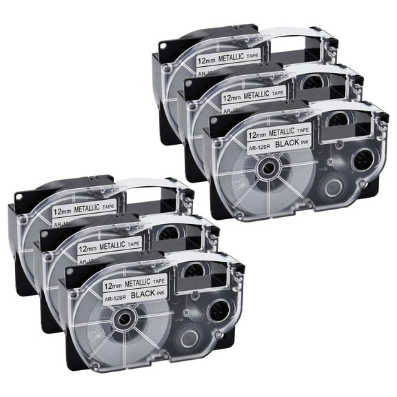 GREENCYCLE 6 Pack Compatible for Casio XR-12SR XR12SR Black on Metallic Label Tape for KL-120 KL-60 KL-100 KL750 KL780 KL2000 KL7000 KL7200 KLP1000 EZ Label Printer 12mm 1/2 Inch x 8m 26.2Feet