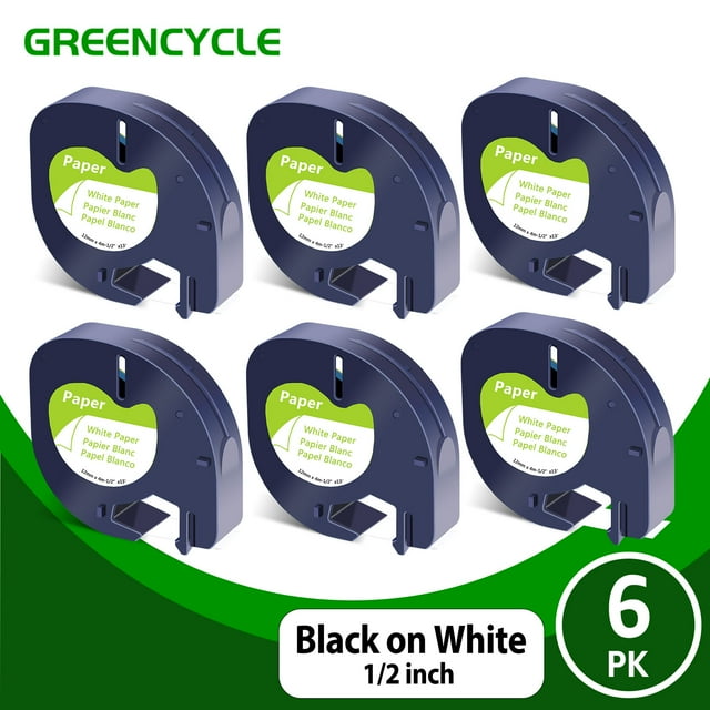 GREENCYCLE 6PK 1/2" 12mm Black on White Paper Refills Compatible for Dymo 91330 59421 S0721510 LetraTag Labels Tape