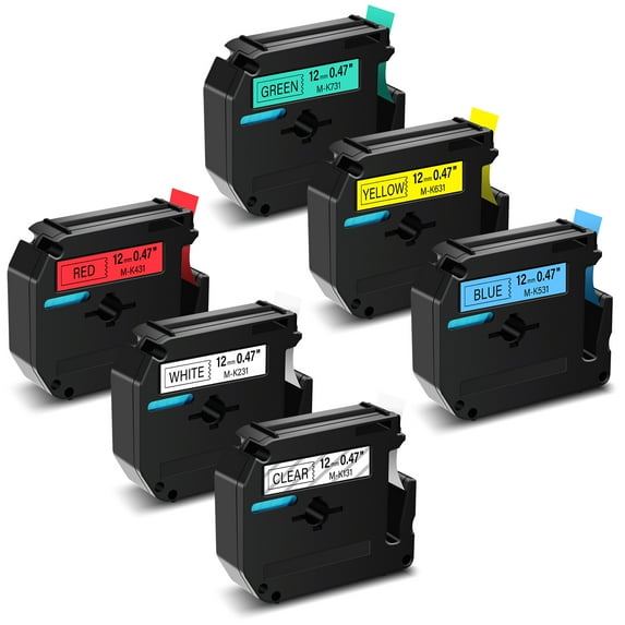 GREENCYCLE 6PK 12mm 8m Black on Clear/White/Red/Blue/Yellow/Green MK131 MK231 MK431 MK531 MK631 MK731 Label Tape Compatible for Brother P-touch Label Maker