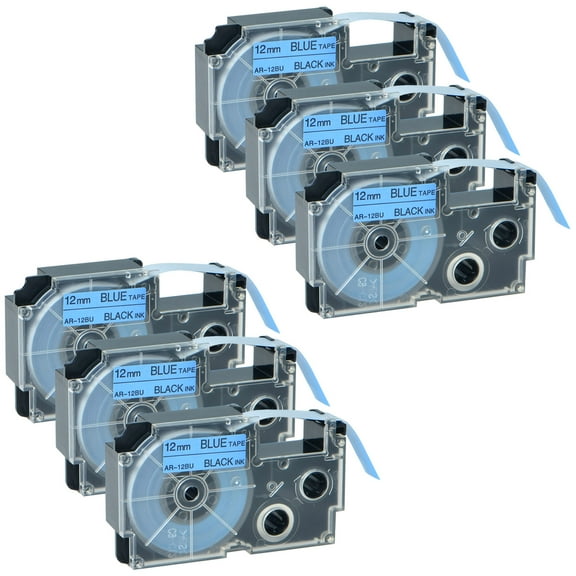 GREENCYCLE 6PK Black on Blue Label Tape Compatible for Casio XR12BU XR-12BU (12mm 1/2''x 8m 26ft) EZ Label Printer