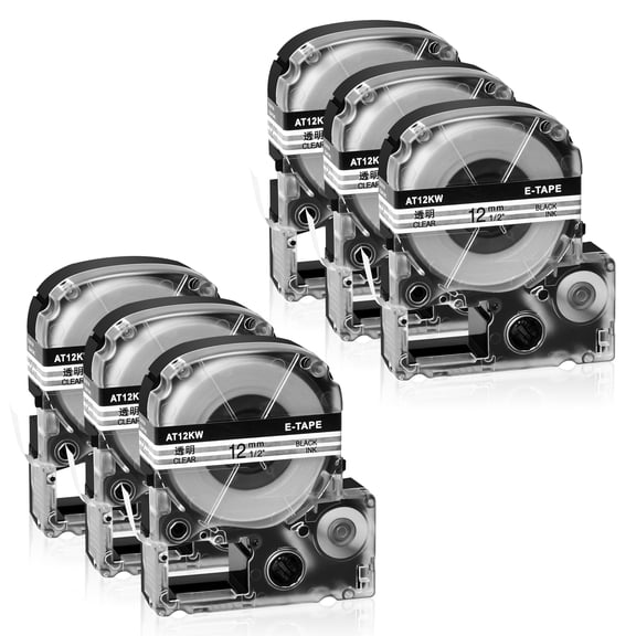 GREENCYCLE 6PK Black on Clear Label Tape Compatible for EPSON LK-4TBN LC-4TBN9 ST12KW (12mm 1/2''x 8m 26.2ft) LabelWorks Printer