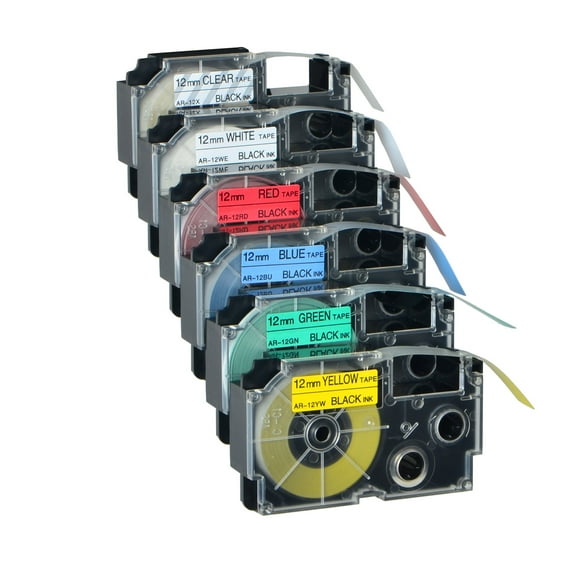 GREENCYCLE 6PK Compatible Black Print Tape Set Replacement for Casio XR12X XR12WE XR12RD XR12BU XR12YW XR12GN 12mm EZ Label Printer