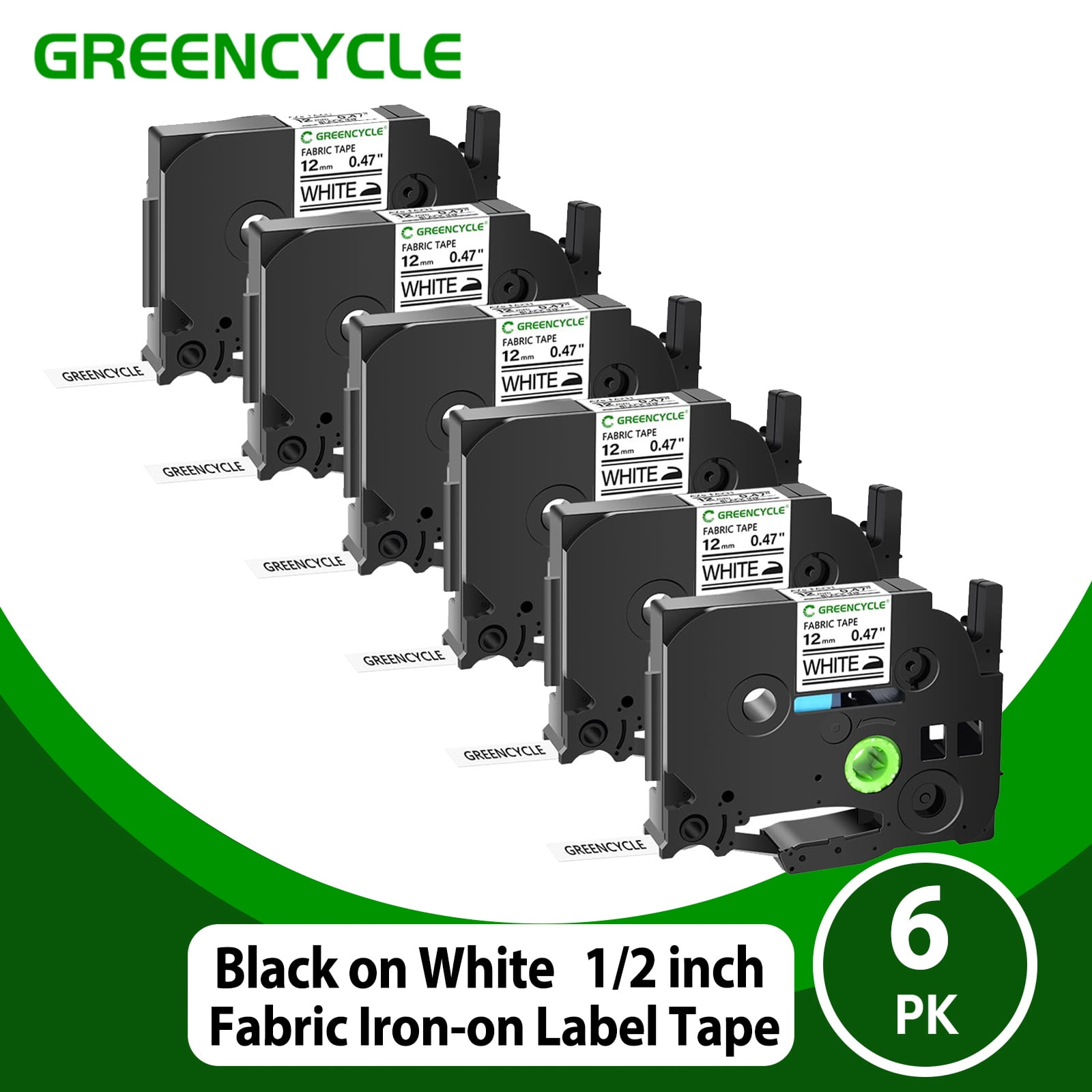 GREENCYCLE 6PK Compatible for Brother P-touch Black on White Fabric Iron-on Label Tape 12mm 3m TZ TZe TZe-FA231 TZ-FA231 TZeFA231 TZFA231 for Cloth Textures work with PT-D210 D400 D600 Label Maker