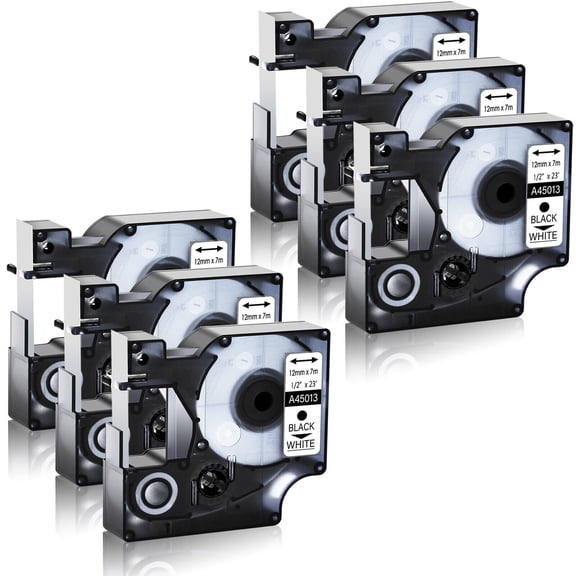 GREENCYCLE 6PK Compatible for DYMO D1 Label Tape 45013 45013S S0720530 12mm Black on White for LabelManager 160 210D 260P 280 360D 420P 450Duo Wireless PnP Colorpop