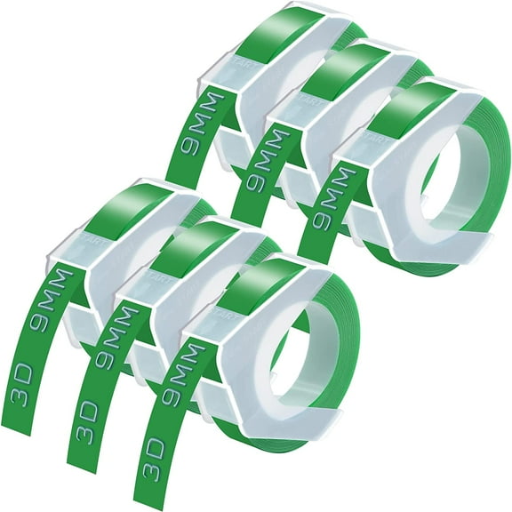 GREENCYCLE 6PK Compatible for Dymo 3D Plastic Embossing Labels 520103 White on Green Label Tape 9mm 3/8'' x 3m 9.8' Use in Organizer Xpress Pro 12966, Office Mate II 1540, Motex E101 Label Maker