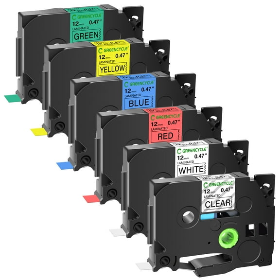 GREENCYCLE 6PK Compatible for Brother P-touch Black on Clear White Red Blue Yellow Green 12mm TZe 131 231 431 531 631 731 Laminated Label Tape