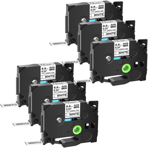 GREENCYCLE 6PK Compatible for Brother P-touch HSE-221 HS-221 HSe221 HS221 8.8mm 0.34" Black on White Heat-shrink Label Tape