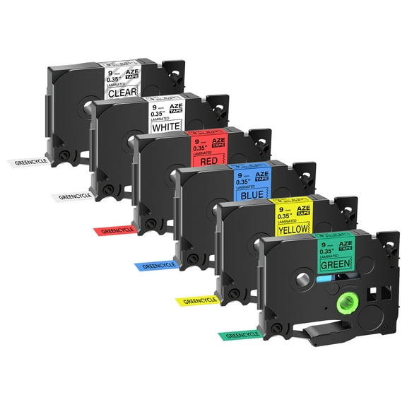GREENCYCLE 6PK Compatible for Brother P-touch TZe 121 221 421 521 621 721 9mm Black on Clear White Red Blue Yellow Green Laminated Label Maker Tape
