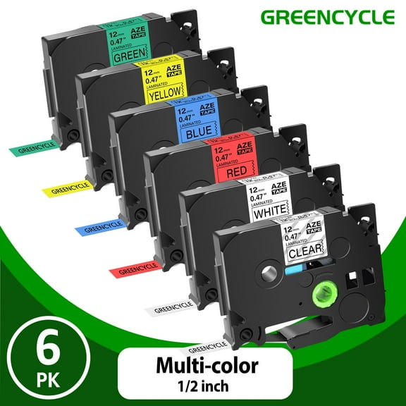 GREENCYCLE 6PK Compatible for Brother P-touch TZe 131 231 431 531 631 731 12mm Black on Clear White Red Blue Yellow Green Laminated Label Maker Tape