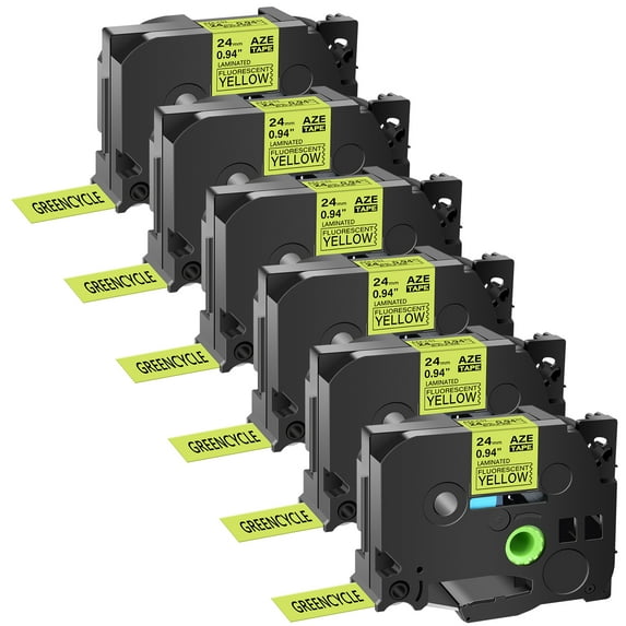 GREENCYCLE 6PK Compatible for Brother P-touch TZe-C51 TZ-C51 24mm 1'' Black on Fluorescent Yellow Laminated Label Tapes