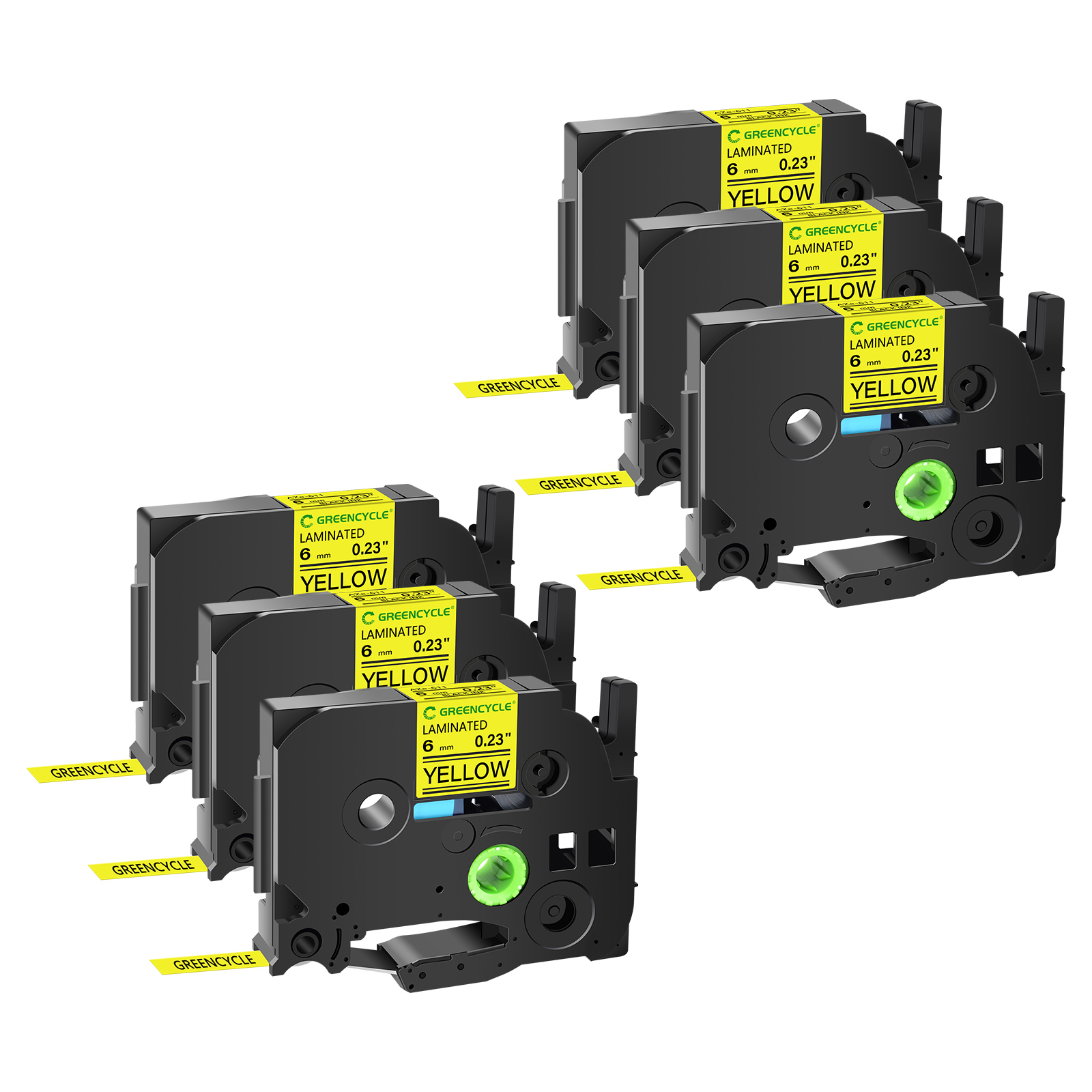 GREENCYCLE 6PK Compatible for Brother TZ TZe 611 TZ-611 TZe-611 TZ611 Label Maker Tape Standard Laminated 6mm 0.23" Black on Yellow Label Tape